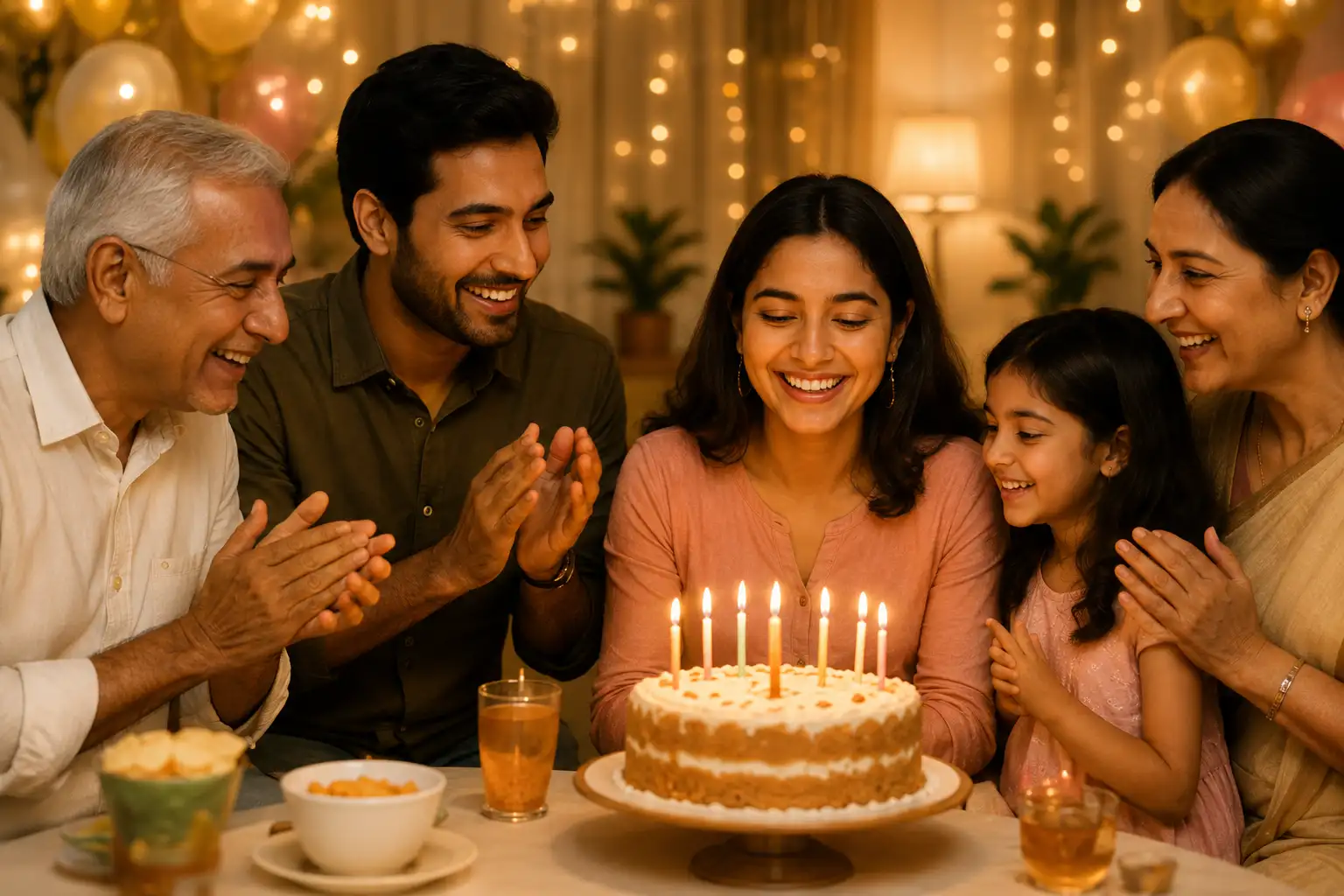 Family celebrating a birthday with a cake