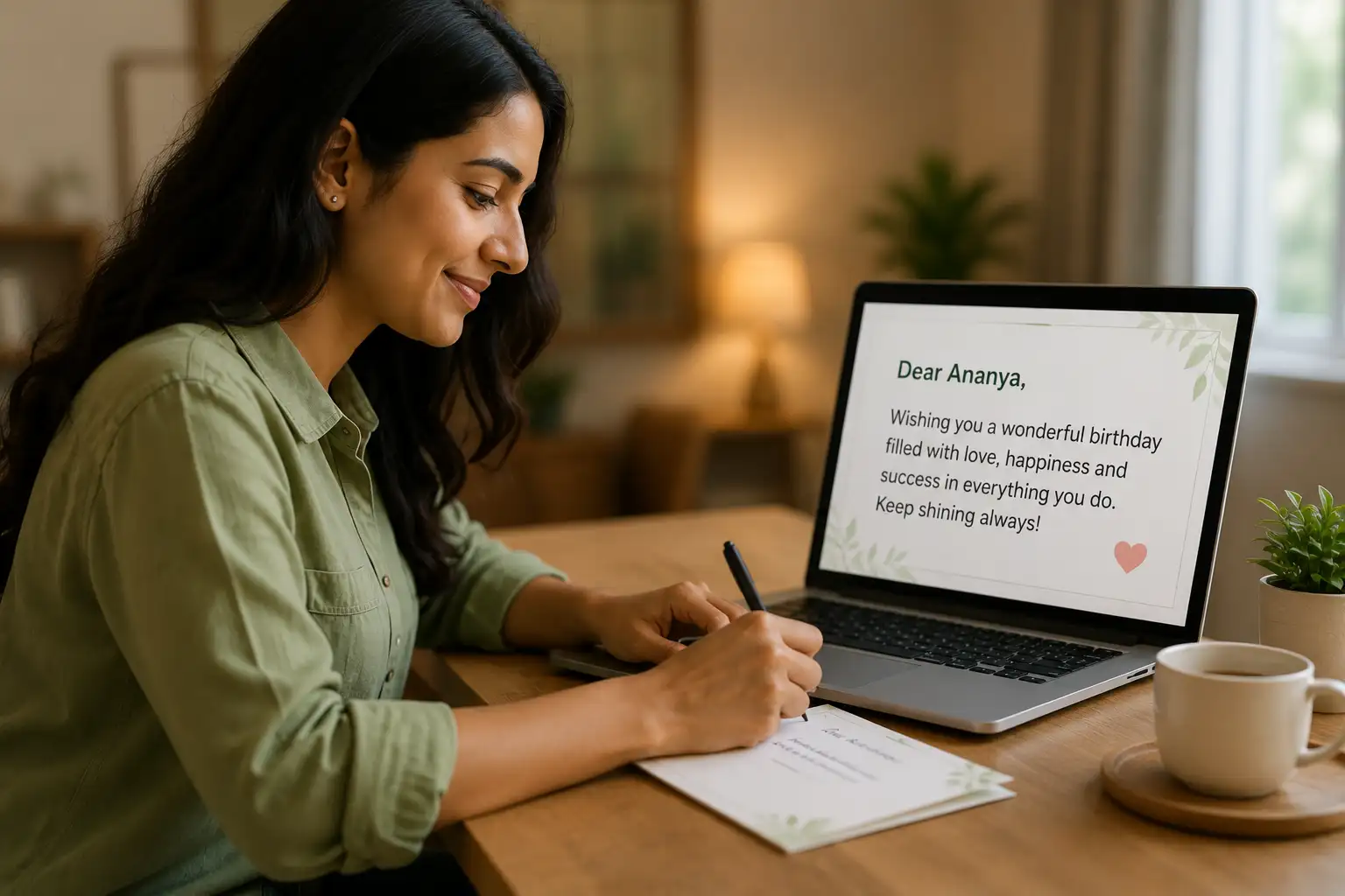 Woman writing a personalised greeting message on a laptop