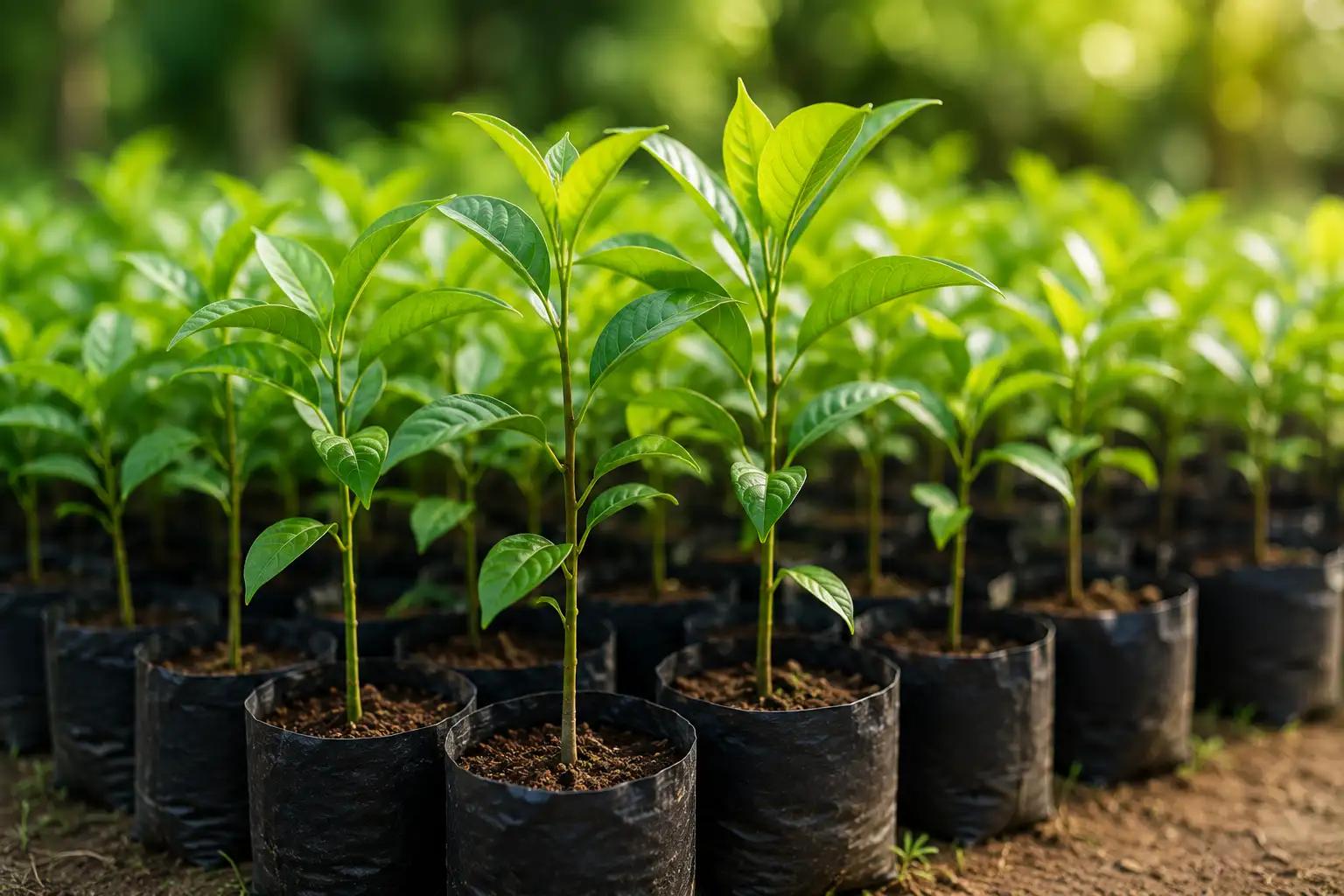 Rows of young plant saplings in a nursery