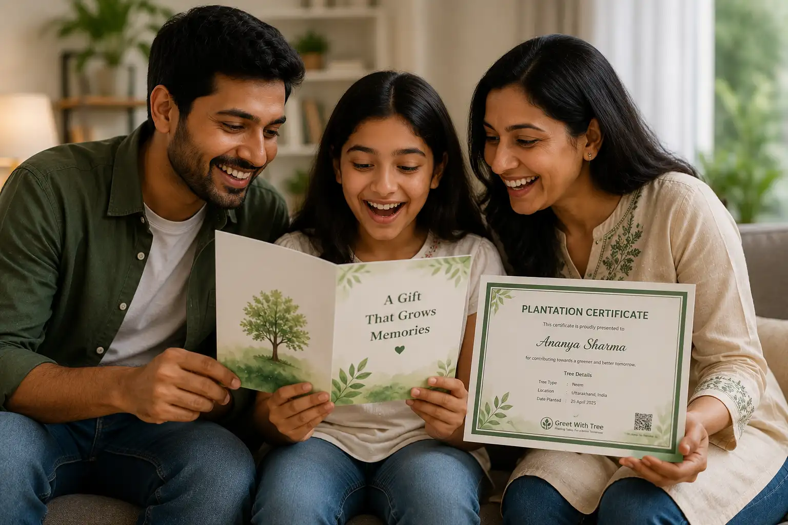 Family reading a greeting card and plantation certificate