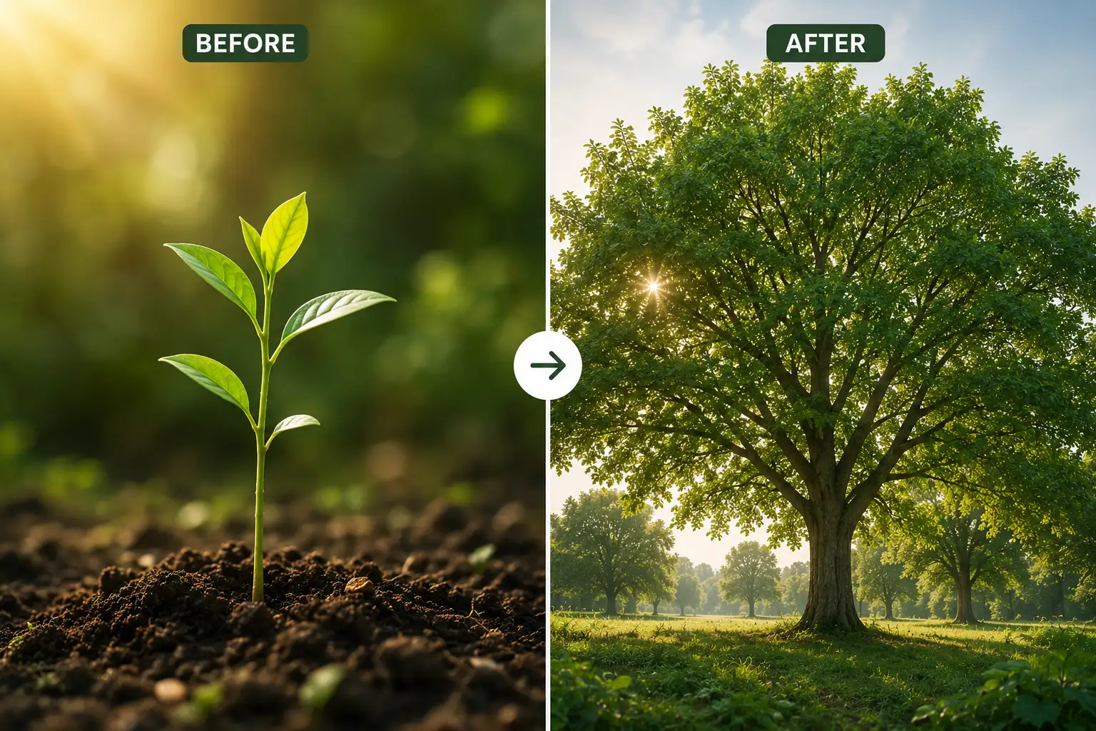 A sapling growing into a tree over one year