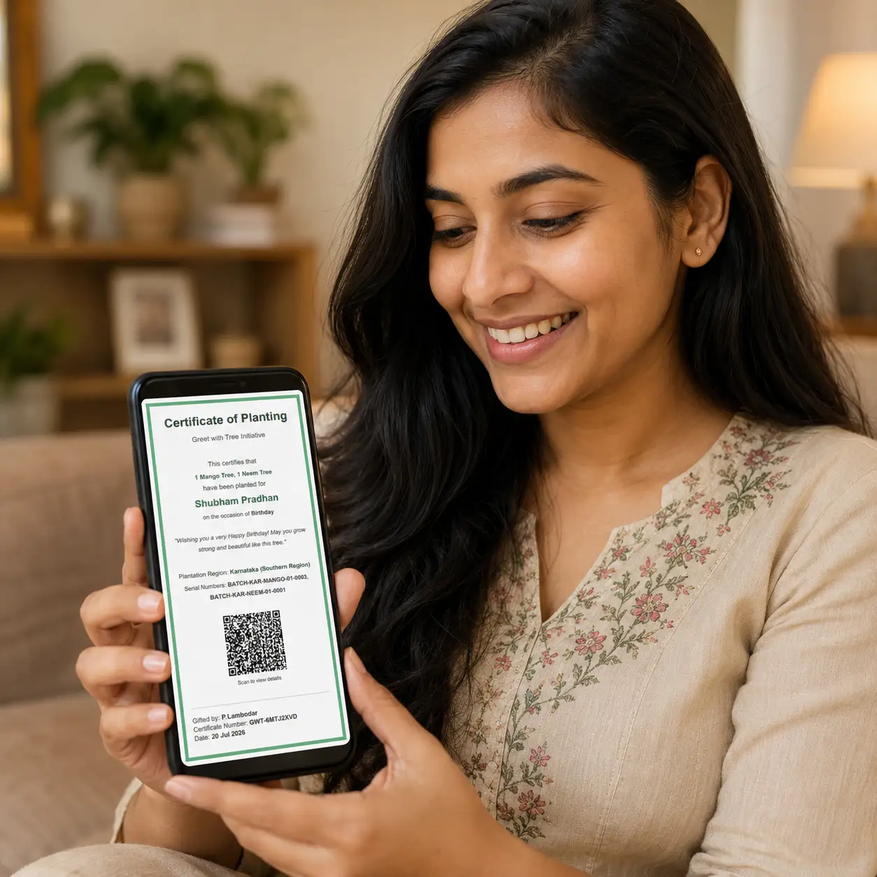 A recipient smiling while viewing their greeting and certificate on a mobile device